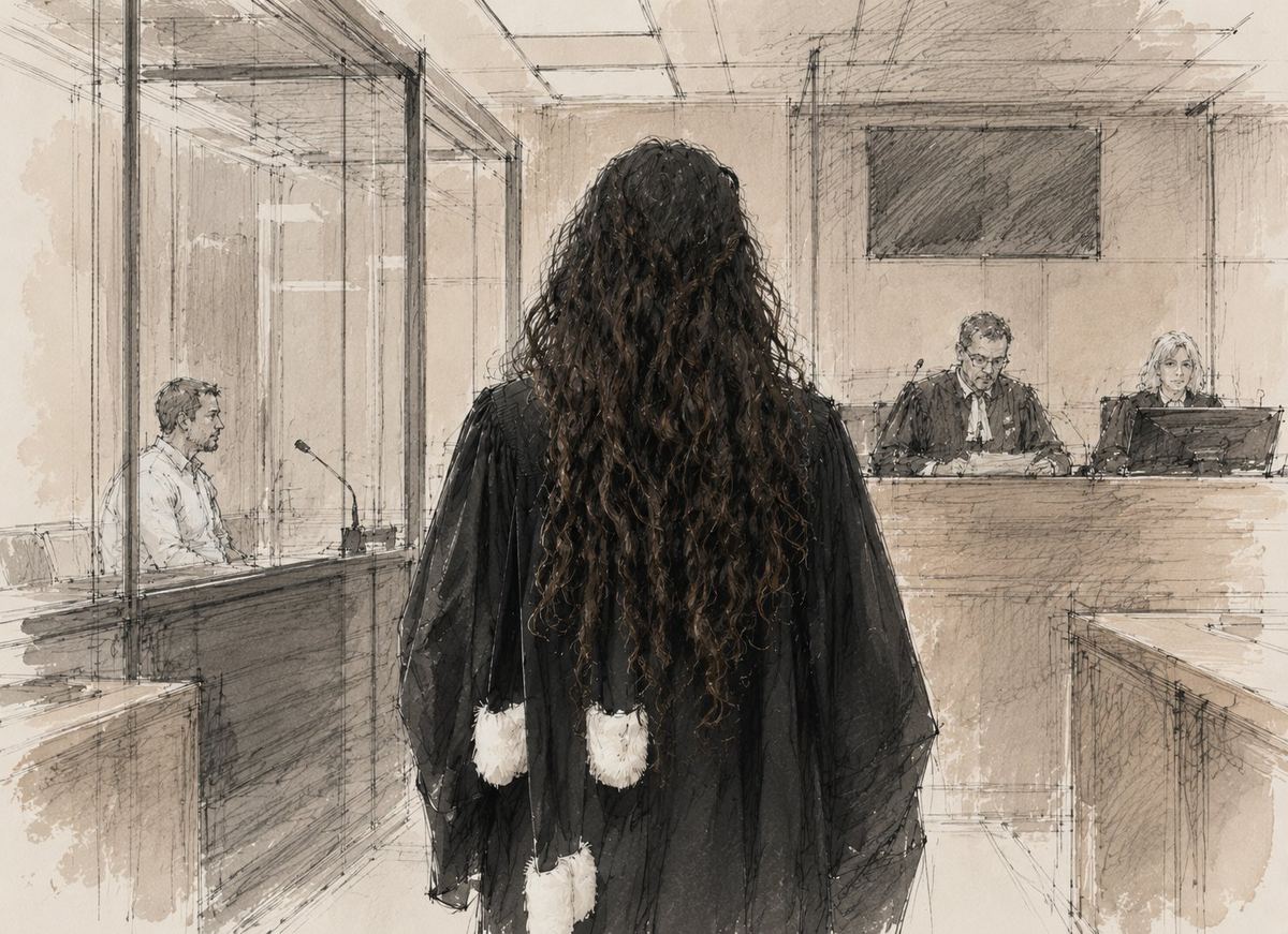 Croquis d'audience : avocat en robe plaidant devant le tribunal